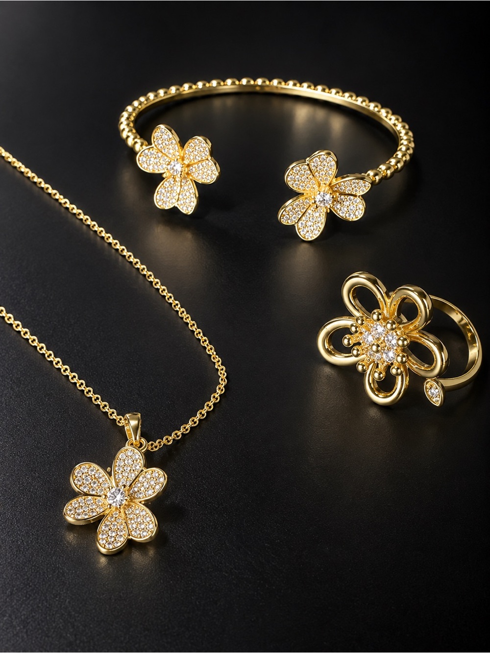 Gold Clover Flower Jewelry Set - Elegant Women's Necklace, Bracelet & Ring